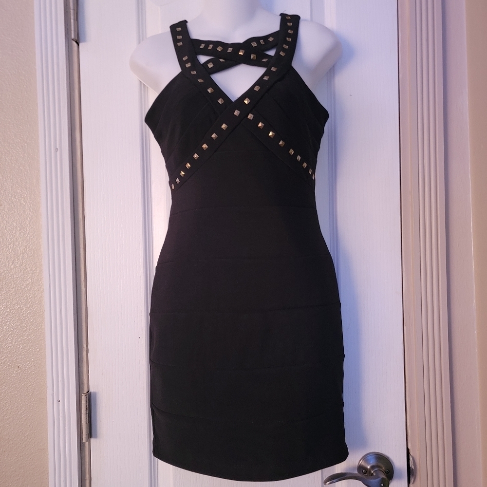 Black Bandage Dress with Gold Studs Size 5 - Picture 3 of 7